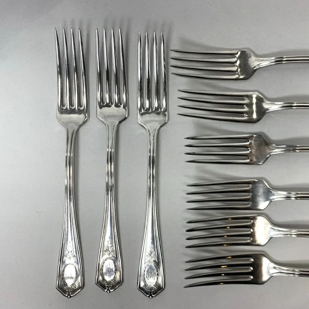 Louis XVI Antique Oneida Community Silverplate Dinner Forks (9) Monogrammed 